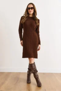Olalook Women's Bitter Brown Waist Banded Slit Hair Knitted Mini Dress - Image 2