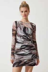 Happiness İstanbul Women's Brown Patterned Gathered Mini Chiffon Dress - Image 2