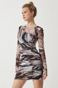 Happiness İstanbul Women's Brown Patterned Gathered Mini Chiffon Dress - Image 3
