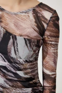 Happiness İstanbul Women's Brown Patterned Gathered Mini Chiffon Dress - Image 5