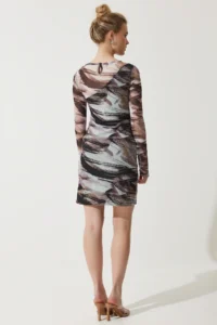 Happiness İstanbul Women's Brown Patterned Gathered Mini Chiffon Dress - Image 6