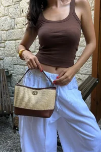 Shule Bags Urban Wicker Look Lockable Shoulder Bag Tan - Image 6