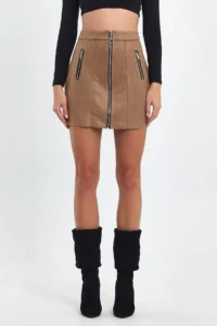 Ceylen Double Zipper Detail Suede Skirt