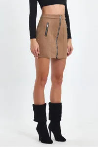 Ceylen Double Zipper Detail Suede Skirt - Image 2