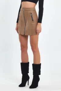 Ceylen Double Zipper Detail Suede Skirt - Image 3