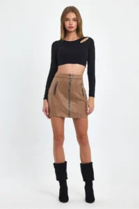 Ceylen Double Zipper Detail Suede Skirt - Image 5