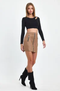 Ceylen Double Zipper Detail Suede Skirt - Image 6