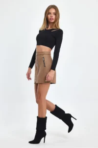 Ceylen Double Zipper Detail Suede Skirt - Image 7