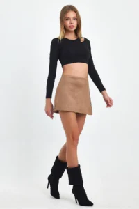 Ceylen Capped Stone Detail Suede Shorts Skirt - Image 6