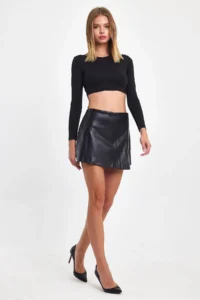 Ceylen Capped Stone Detailed Leather Shorts Skirt - Image 6