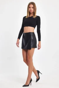Ceylen Capped Stone Detailed Leather Shorts Skirt - Image 7