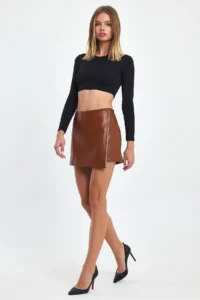 Ceylen Capped Stone Detailed Leather Shorts Skirt - Image 7