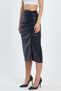 Ceylen Women Shirred slit Faux Leather Skirt - Image 2