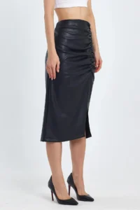 Ceylen Women Shirred slit Faux Leather Skirt - Image 3