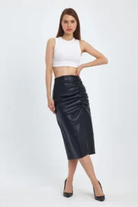 Ceylen Women Shirred slit Faux Leather Skirt - Image 4