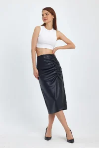 Ceylen Women Shirred slit Faux Leather Skirt - Image 5