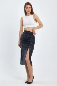 Ceylen Women Shirred slit Faux Leather Skirt - Image 6