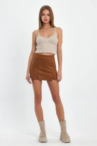 Ceylen Double Slit Suede Shorts Skirt - Image 4