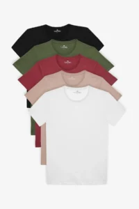 Tudors Unisex 5 Pack Black-White-Khaki-Claret Red-Mink Slim Fit Narrow Cut 100% Cotton Crew Neck T-Shirt