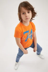 DeFacto Boys' Orange Text Printed Short Sleeve T-Shirt - Image 2