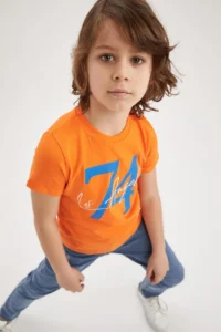 DeFacto Boys' Orange Text Printed Short Sleeve T-Shirt - Image 3