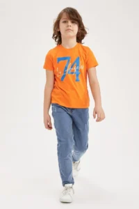 DeFacto Boys' Orange Text Printed Short Sleeve T-Shirt - Image 4