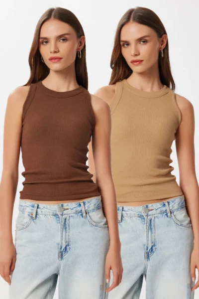 Lovelyİstanbul Pack of 2 Ribbed Knitted Undershirt  BROWN BISCUIT