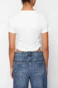 Edit by Trendyol White Ribbon Detailed Regular Knitting T-Shirt - Image 3