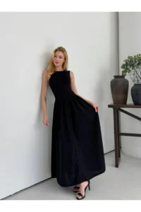 Cool & Sexy Women's Boat Neck Top, Stretchy Viscose Bottom, Wide Poplin Woven Sleeveless Black Dress