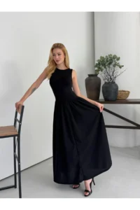Cool & Sexy Women's Boat Neck Top, Stretchy Viscose Bottom, Wide Poplin Woven Sleeveless Black Dress - Image 2