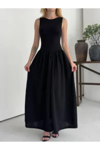 Cool & Sexy Women's Boat Neck Top, Stretchy Viscose Bottom, Wide Poplin Woven Sleeveless Black Dress - Image 3