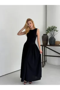 Cool & Sexy Women's Boat Neck Top, Stretchy Viscose Bottom, Wide Poplin Woven Sleeveless Black Dress - Image 4