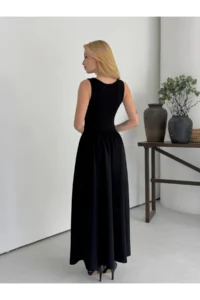 Cool & Sexy Women's Boat Neck Top, Stretchy Viscose Bottom, Wide Poplin Woven Sleeveless Black Dress - Image 5