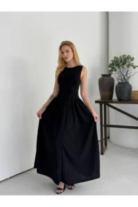 Cool & Sexy Women's Boat Neck Top, Stretchy Viscose Bottom, Wide Poplin Woven Sleeveless Black Dress - Image 6