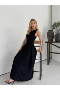Cool & Sexy Women's Boat Neck Top, Stretchy Viscose Bottom, Wide Poplin Woven Sleeveless Black Dress - Image 7