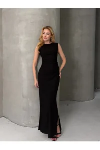 Cool & Sexy Sleeveless Crew Neck slit LONG Dress Black