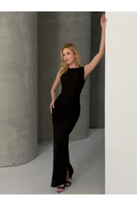 Cool & Sexy Sleeveless Crew Neck slit LONG Dress Black - Image 2