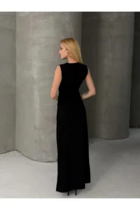 Cool & Sexy Sleeveless Crew Neck slit LONG Dress Black - Image 4