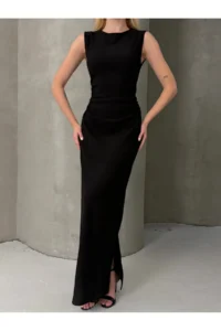 Cool & Sexy Sleeveless Crew Neck slit LONG Dress Black - Image 5