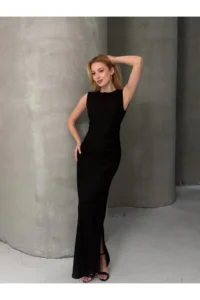 Cool & Sexy Sleeveless Crew Neck slit LONG Dress Black - Image 7