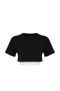 TRENDYOLMİLLA Black White 100% Cotton 2 Layer Reflective Printed Crop Knitting Sports T-Shirt - Image 7