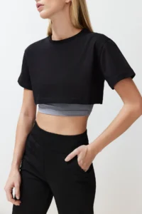 TRENDYOLMİLLA Black Gray Melange 100% Cotton 2 Layer Reflective Printed Crop Knitting Sports T-Shirt
