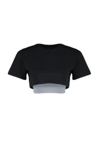 TRENDYOLMİLLA Black Gray Melange 100% Cotton 2 Layer Reflective Printed Crop Knitting Sports T-Shirt - Image 7