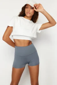 TRENDYOLMİLLA White 100% Cotton 2 Layer Reflective Printed Crop Knitting Sports T-Shirt