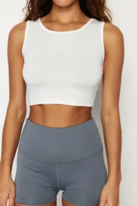 TRENDYOLMİLLA White 100% Cotton 2 Layer Reflective Printed Crop Knitting Sports T-Shirt - Image 2