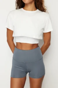 TRENDYOLMİLLA White 100% Cotton 2 Layer Reflective Printed Crop Knitting Sports T-Shirt - Image 5