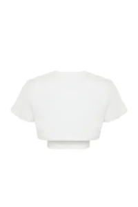 TRENDYOLMİLLA White 100% Cotton 2 Layer Reflective Printed Crop Knitting Sports T-Shirt - Image 8