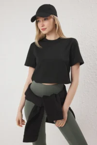TRENDYOLMİLLA Black Scuba Material Double breasted Back Detailed Crop Knitting Sports T-Shirt - Image 2