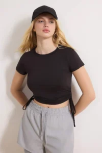 TRENDYOLMİLLA Black Shirred Binding Detailed Micro Material Knitting Sports T-Shirt - Image 2