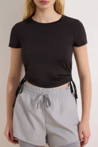 TRENDYOLMİLLA Black Shirred Binding Detailed Micro Material Knitting Sports T-Shirt - Image 3